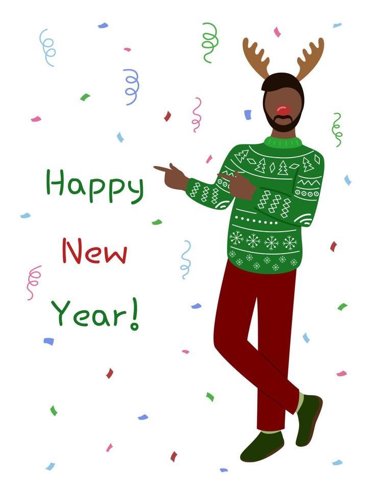 cartão de feliz ano novo. homem de suéter ficar e se divertir. festa de ano novo com confete. ilustração vetorial vetor