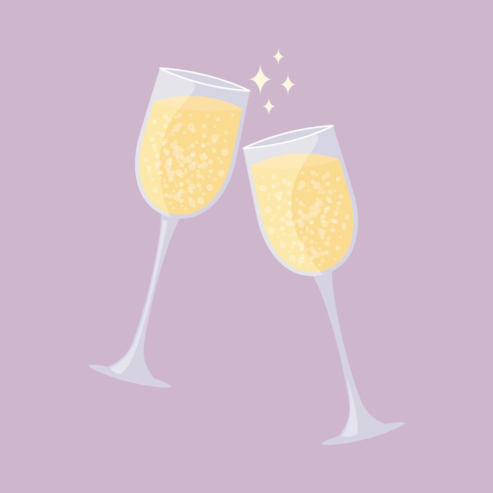 duas taças de champanhe clink. vinho espumante isolado. data romântica ou celebração do feriado. ilustração vetorial vetor