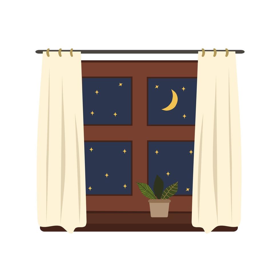 janela à noite, com uma planta de casa no parapeito da janela. vista da janela para o céu estrelado vetor