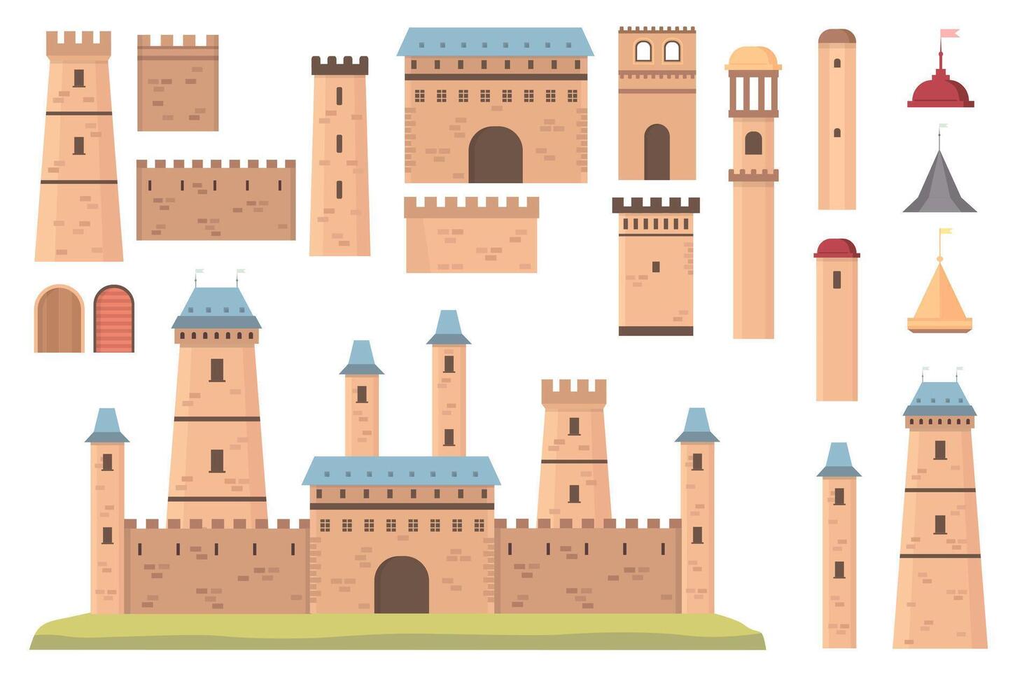 castelo construtor. medieval arquitetura elementos, torres com bandeiras, paredes e portas velho histórico bastião prédio, fortaleza vetor conjunto