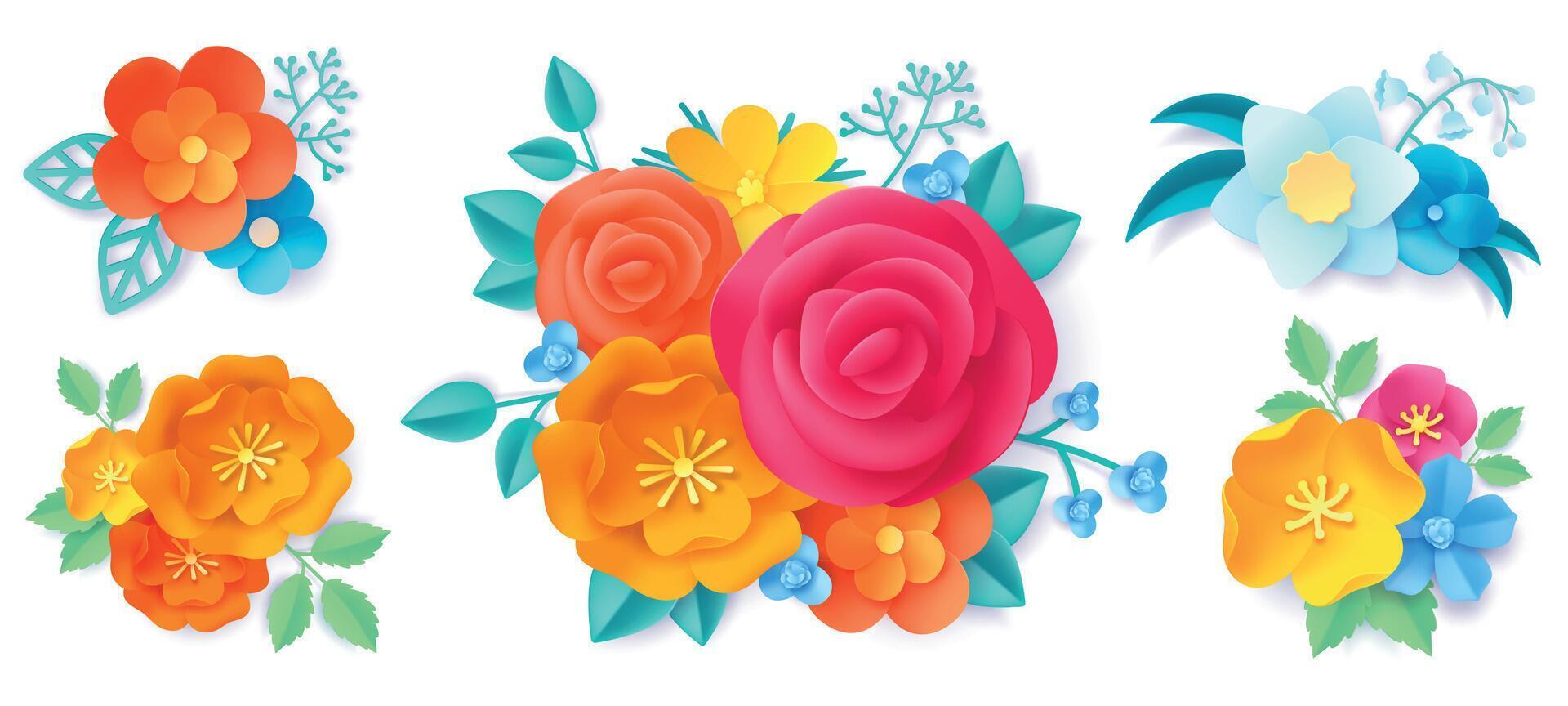 papel arte buquês. origami rosas, selvagem flores e folhas lindo nupcial ramalhete. 3d natureza decoração. Primavera floral conceito vetor conjunto