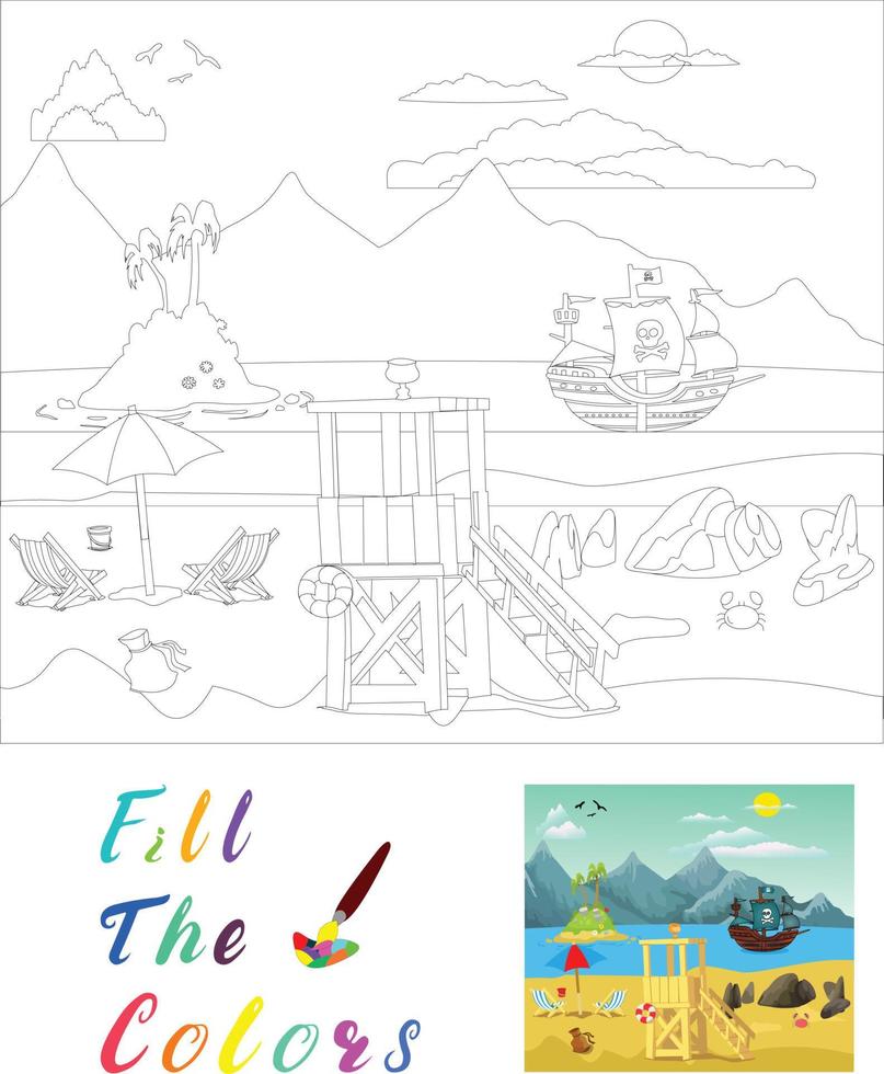 tarefa de cor paisagem o livro de colorir para crianças pré-escolares com nível de jogo educacional fácil. vetor