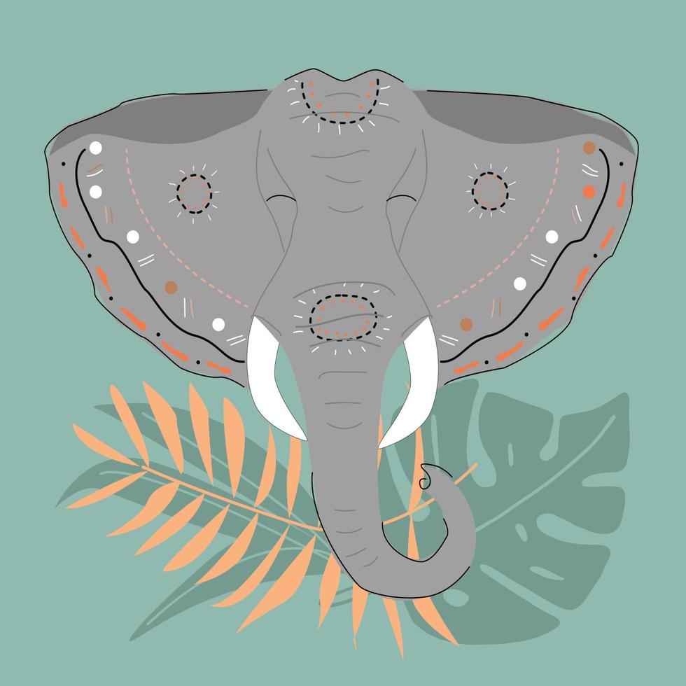 cara de elefante tribal com padrão no fundo das folhas. ilustração vetorial. vetor