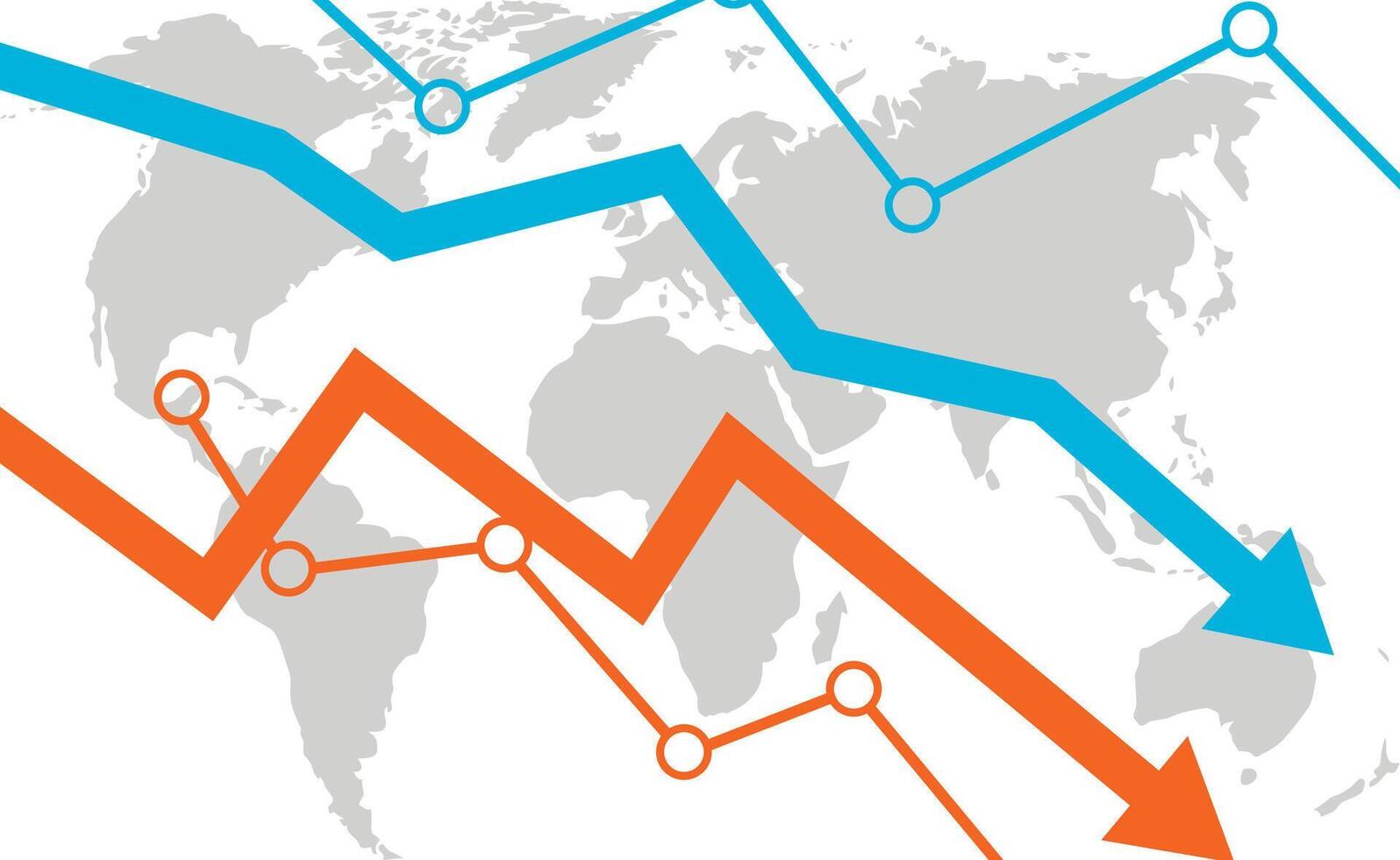 mundo crise, diminuir gráfico em fundo do global mapa. vetor gráfico finança abaixo, economia gráfico mercado, financeiro econômico fundo, investimento global crise, diminuir e perda comércio ilustração