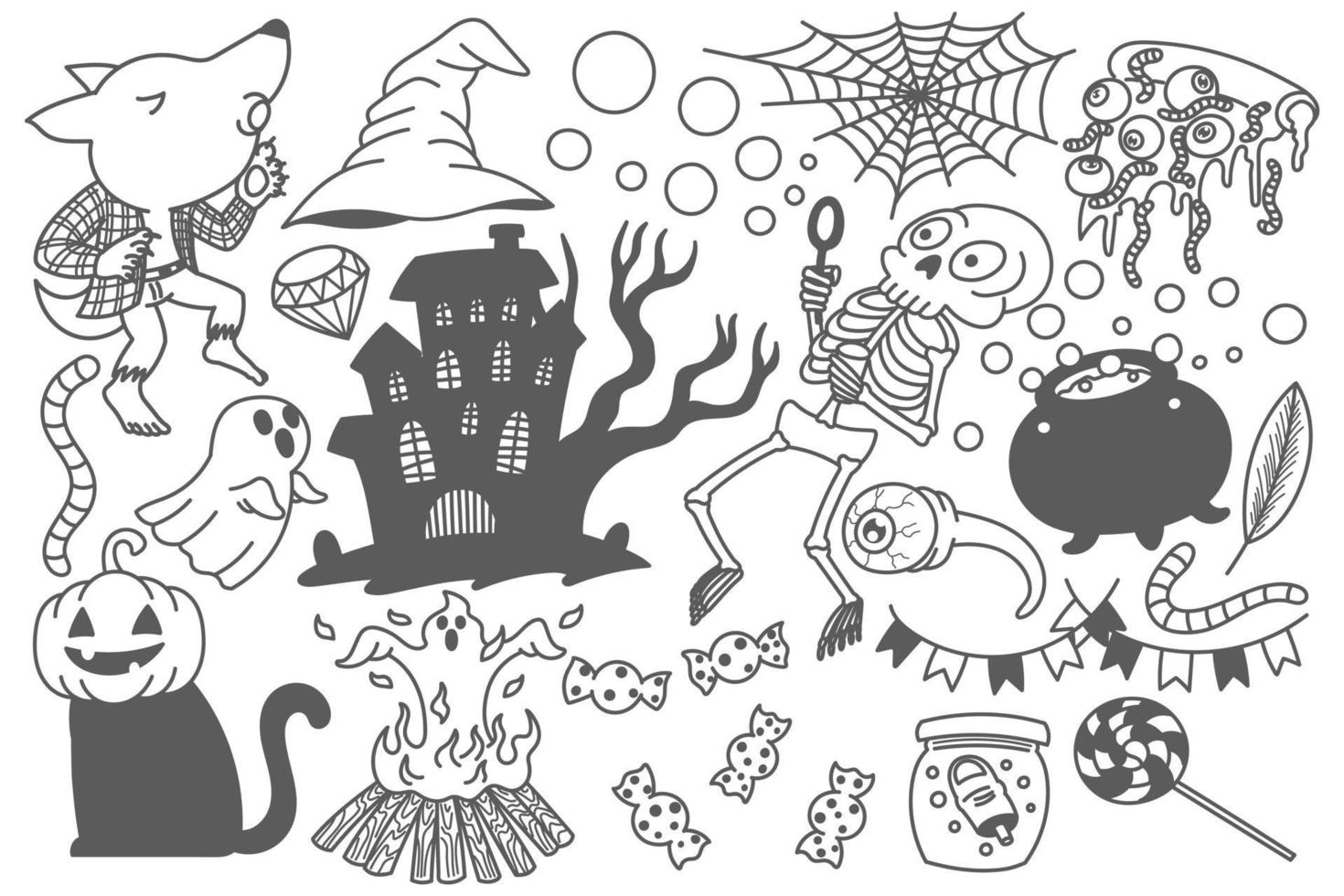 conjunto de elementos de rabiscos de halloween, desenho, desenho animado, fofo, diversão, impressão, arte vetor