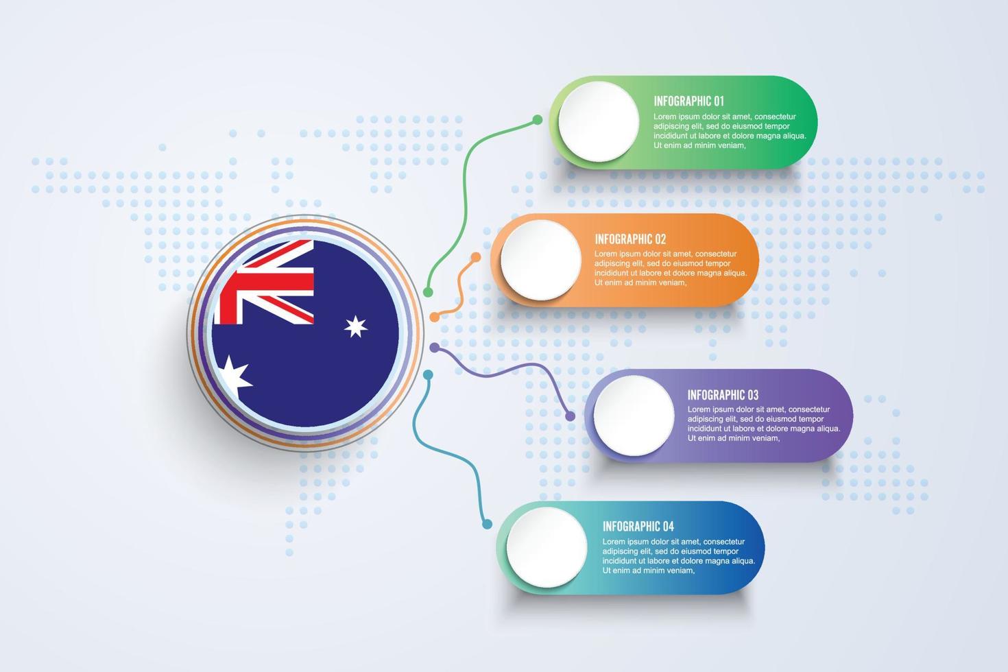 bandeira da austrália com design infográfico isolado no mapa-múndi de pontos vetor