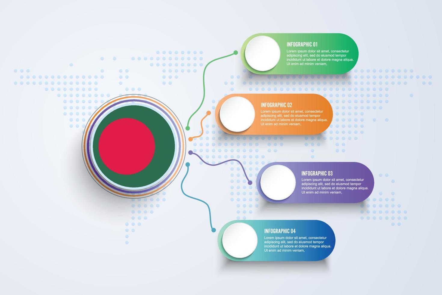 bandeira de bangladesh com design infográfico isolado no mapa-múndi de pontos vetor