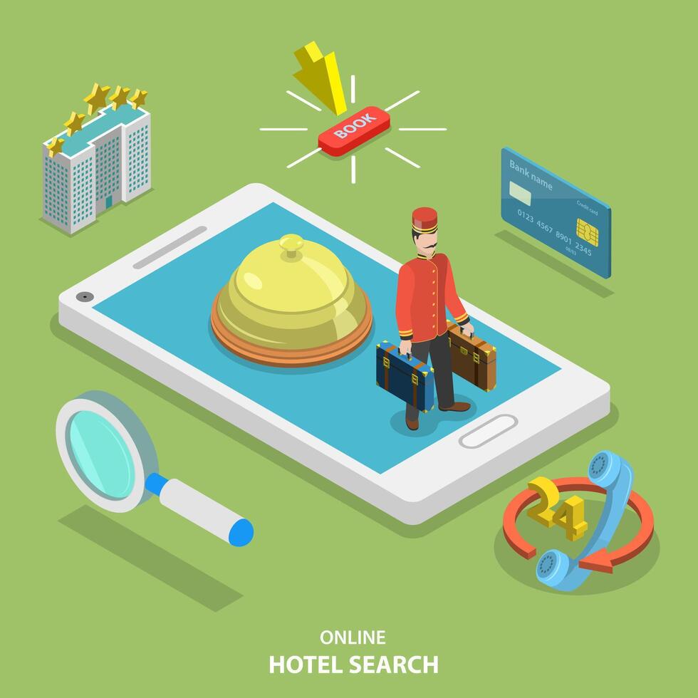 hotel procurar conectados plano isométrico vetor conceito.