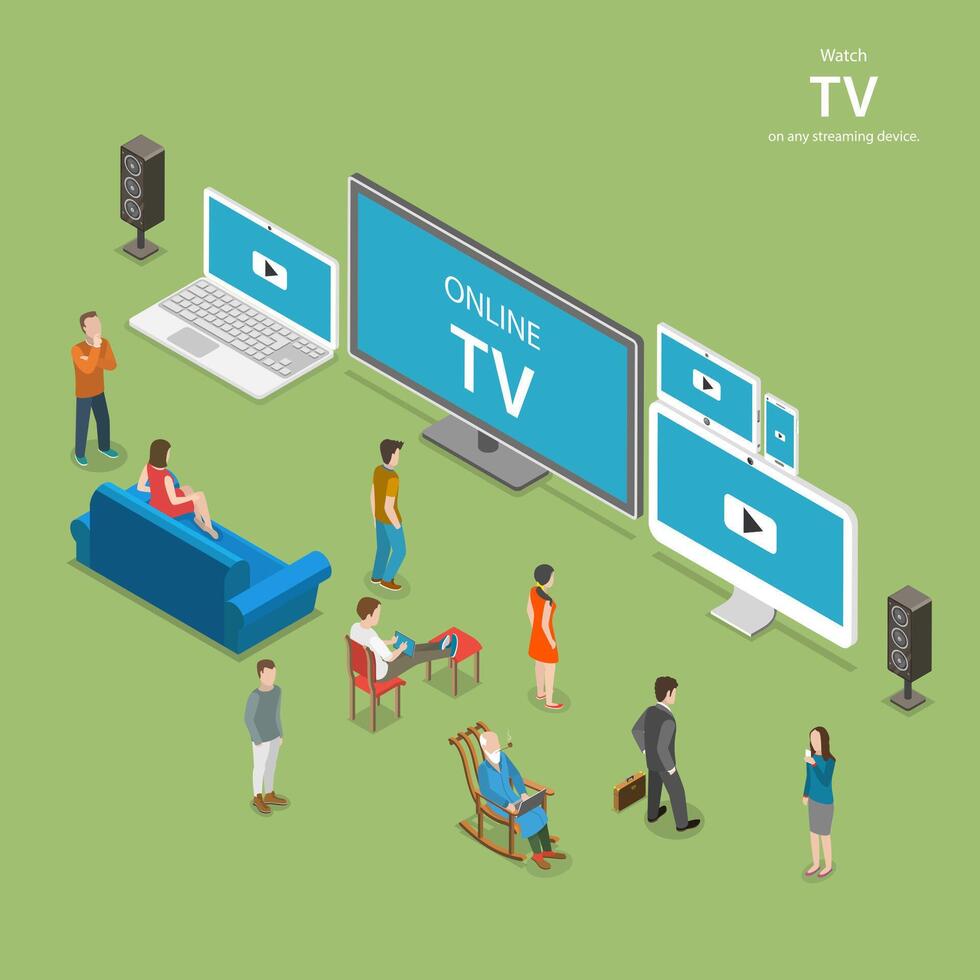 transmissão televisão isométrico plano vetor ilustração.