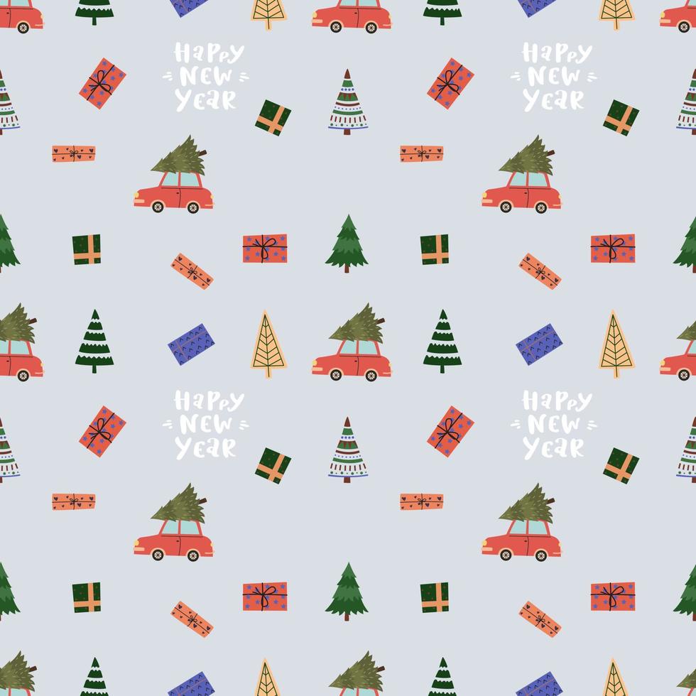 padrão sem emenda de ano novo com árvores de Natal, caixas de presente e um carro. vetor
