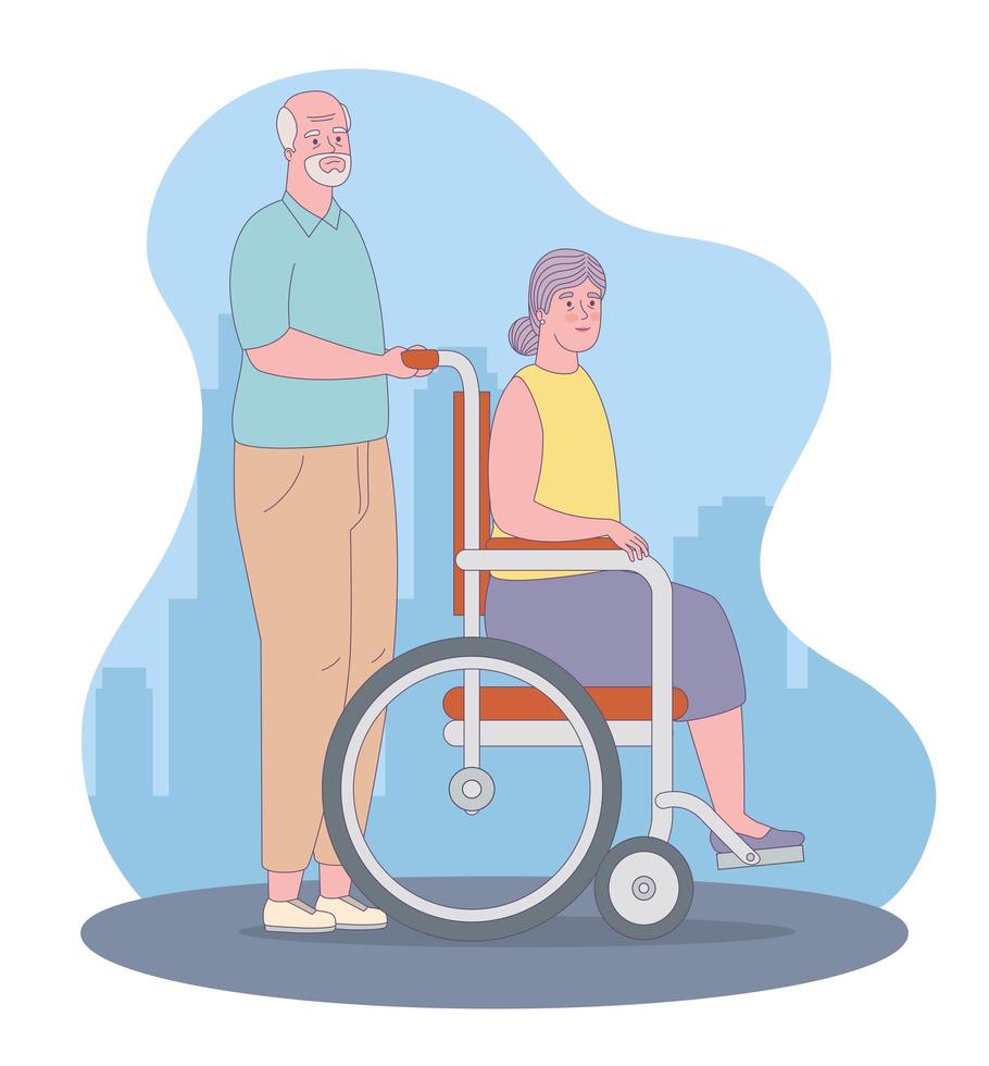 idosos com cadeira de rodas vetor