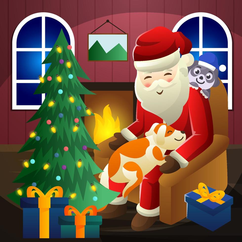 papai noel e animais de estimação no conceito de patas de papai noel vetor