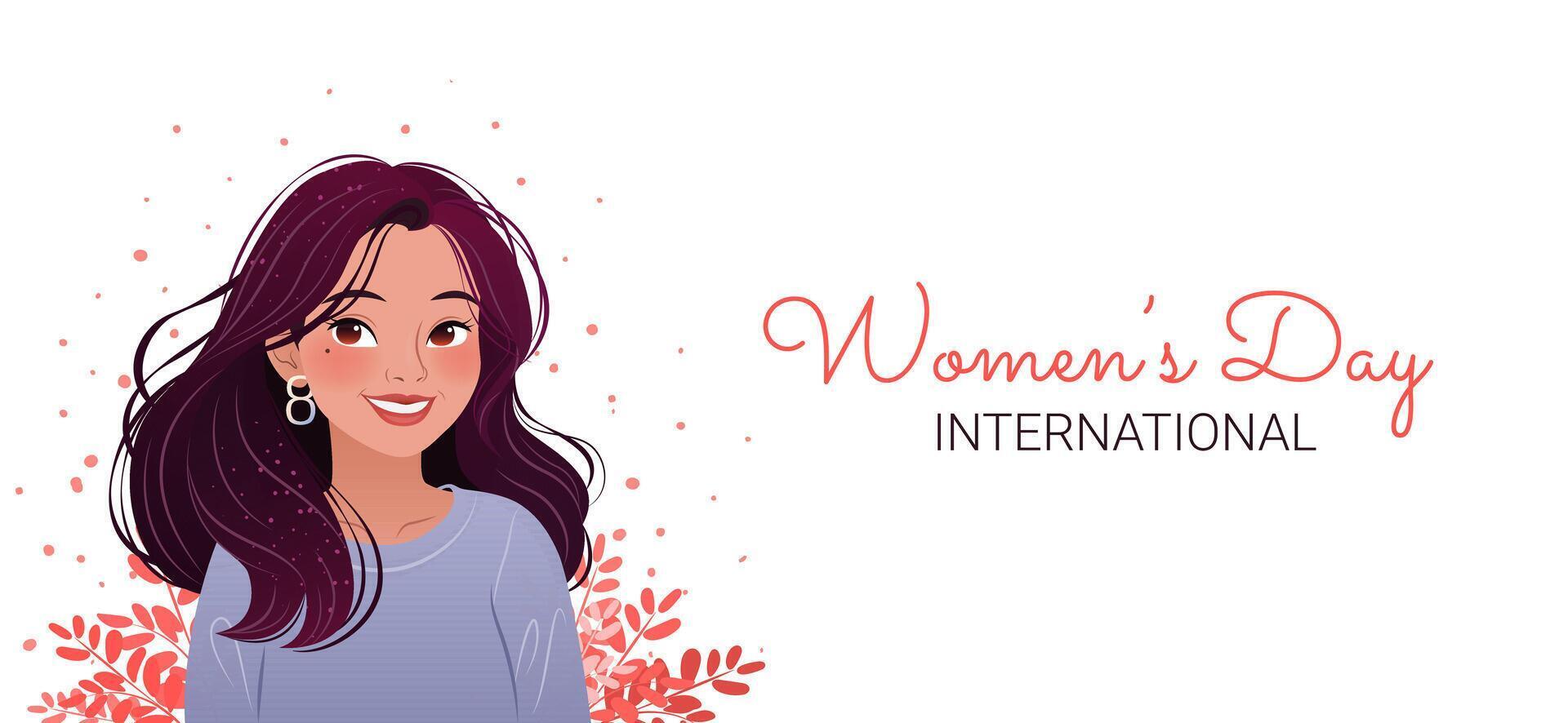 internacional mulheres dia. 8 marchar. retrato do desenho animado mulher com ervas. jovem lindo menina sorridente. Projeto para poster, campanha, social meios de comunicação publicar, cartão postal. vetor ilustração.