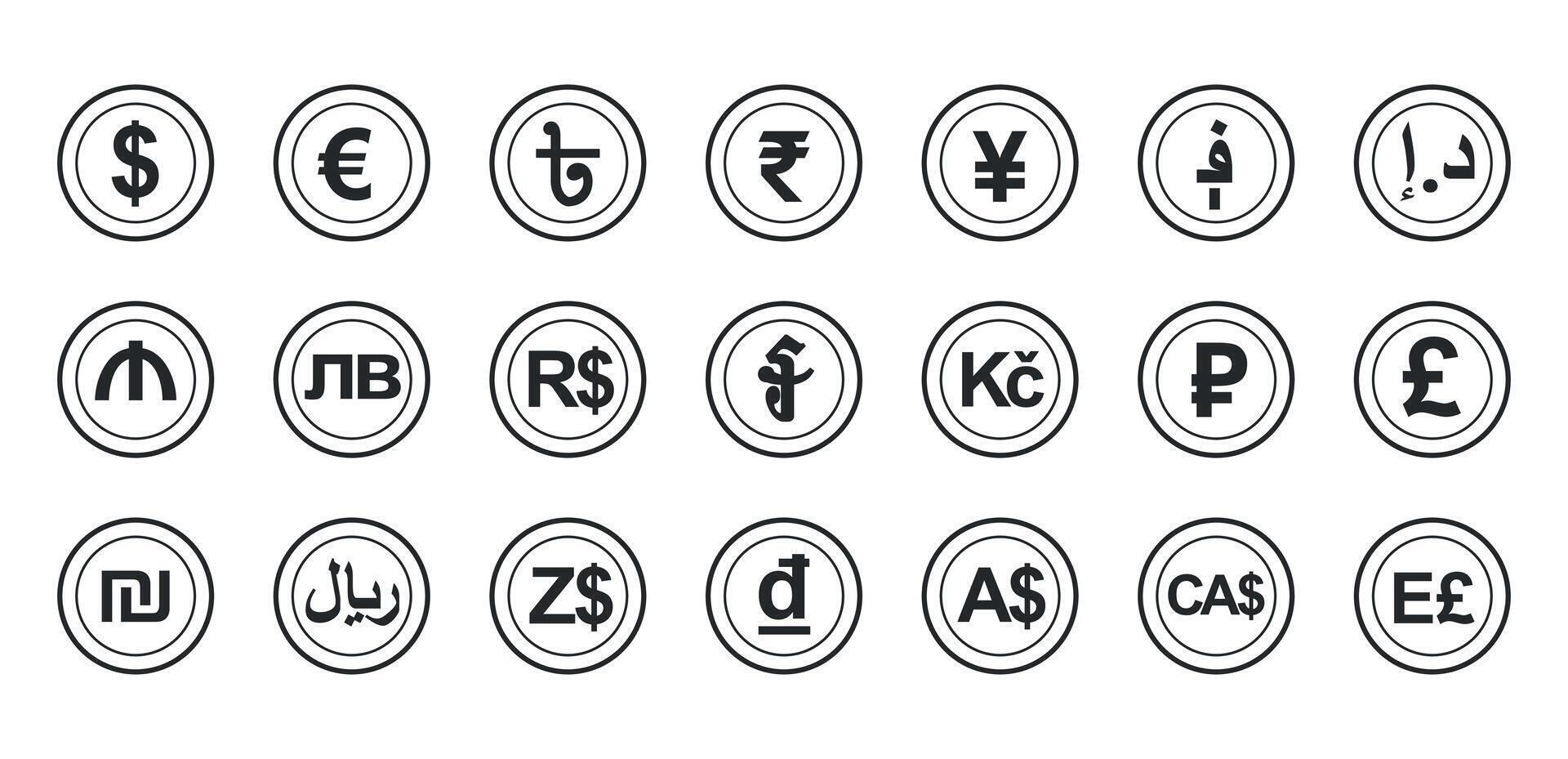 conjunto do dinheiro moedas do diferente países do a mundo. esboço troca ícone vetor ilustração.