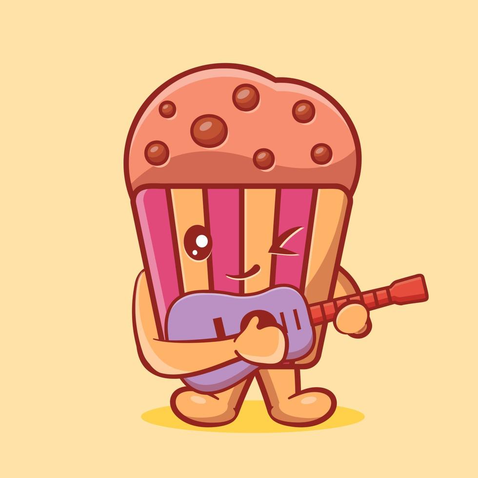 mascote de bolo de bolinho fofo tocando desenho de guitarra isolado em estilo simples vetor