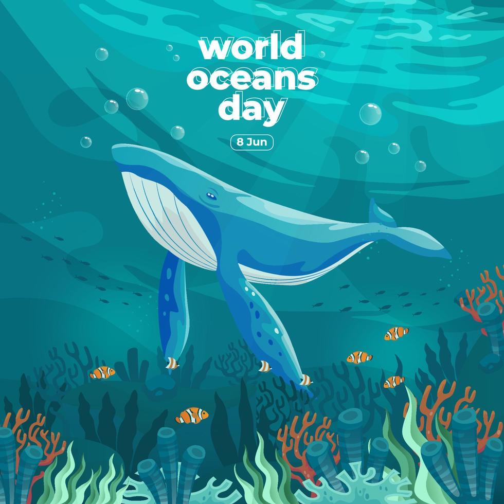 oceanos mundiais dia 8 de junho. salve nosso oceano. grandes baleias e peixes estavam nadando debaixo d'água com bela ilustração em vetor fundo coral e algas marinhas.