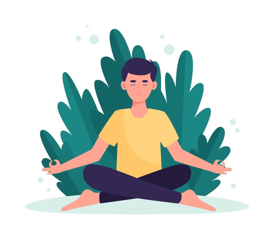 homem meditando em pose de lótus de ioga. ioga, ilustração do conceito de meditação. ilustração vetorial plana vetor
