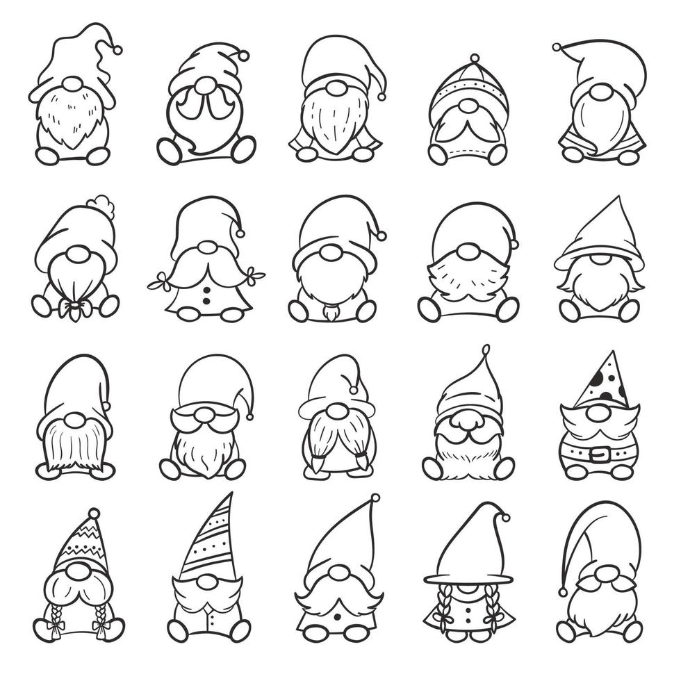 linha arte gnomos de natal desenho para livro de colorir isolado em um fundo branco vetor