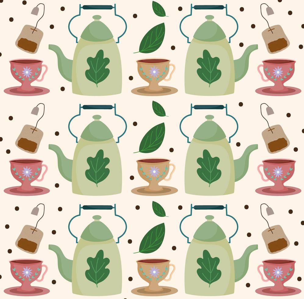 hora do chá bules xícaras de chá saquinhos de chá bebida folhas de ervas fundo vetor