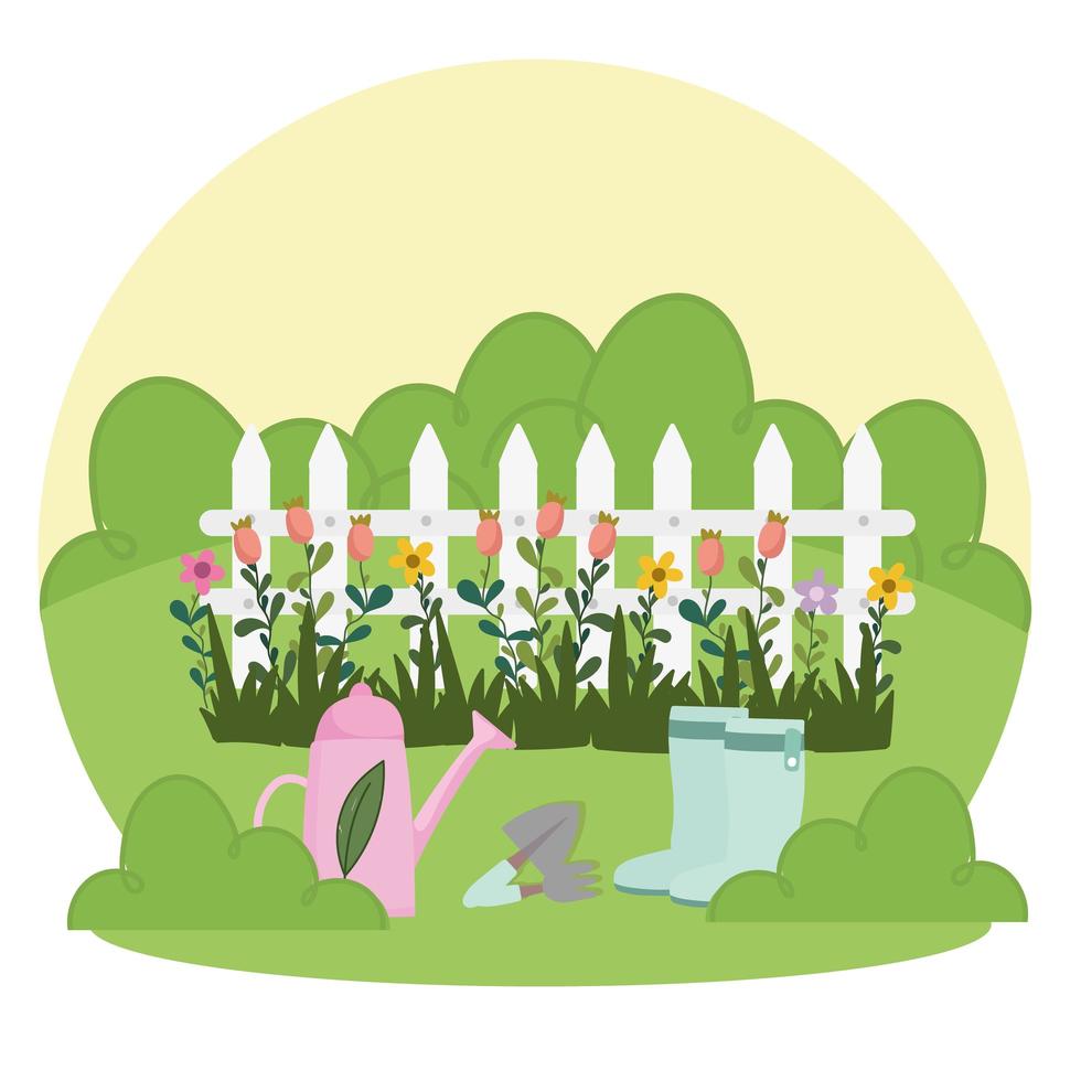 jardinagem, regador botas, pá, ancinho, cerca e flores na grama vetor