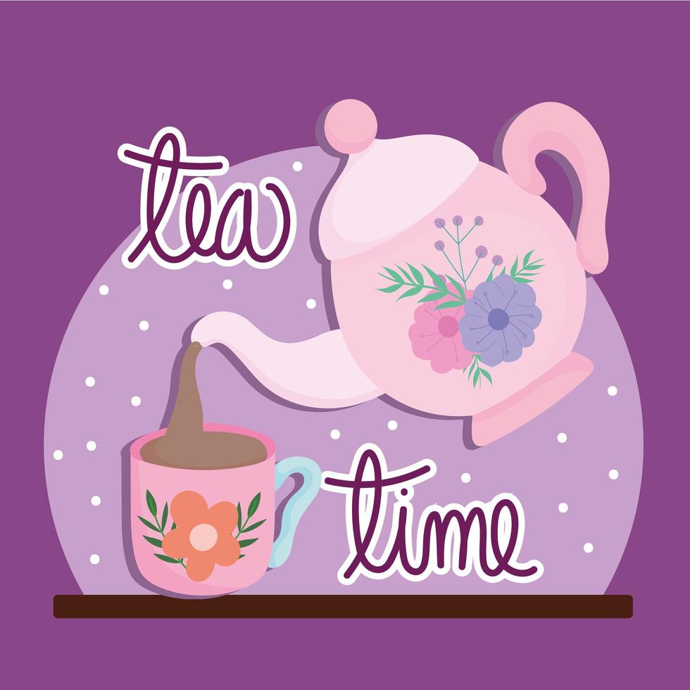 hora do chá, chaleira servindo chá na xícara com flor vetor