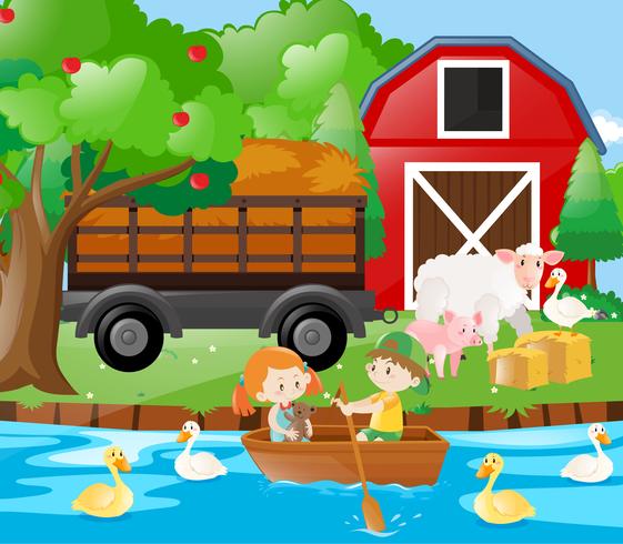 Crianças e animais de fazenda na fazenda vetor