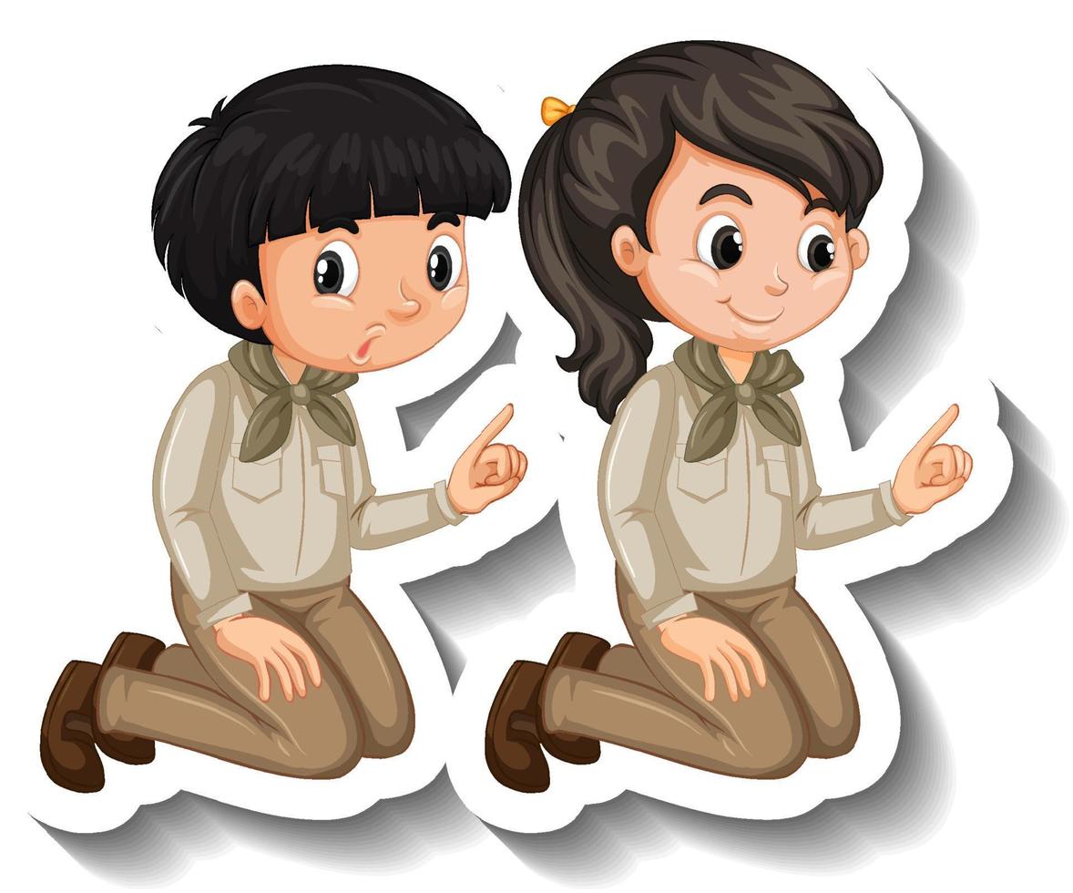 Adesivo de casal de filhos usando roupa de safari de personagem de desenho animado vetor