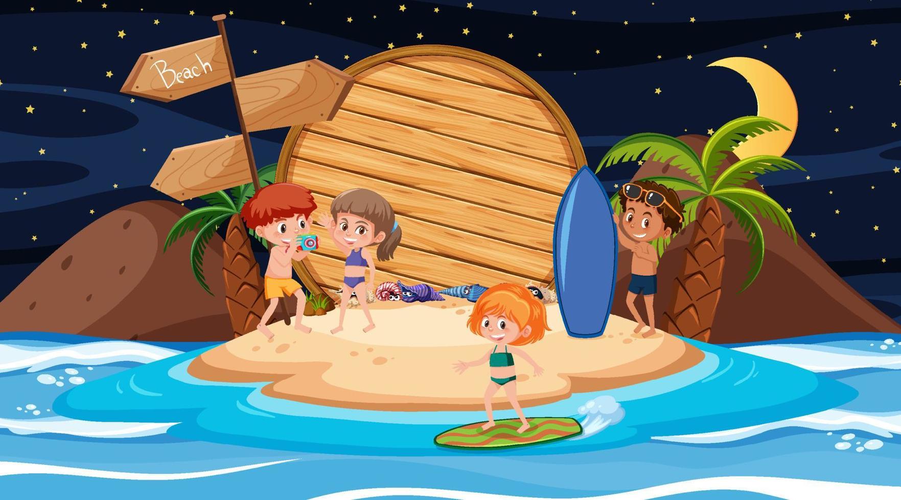 crianças de férias em uma cena noturna de praia com um modelo de banner de madeira vazio vetor