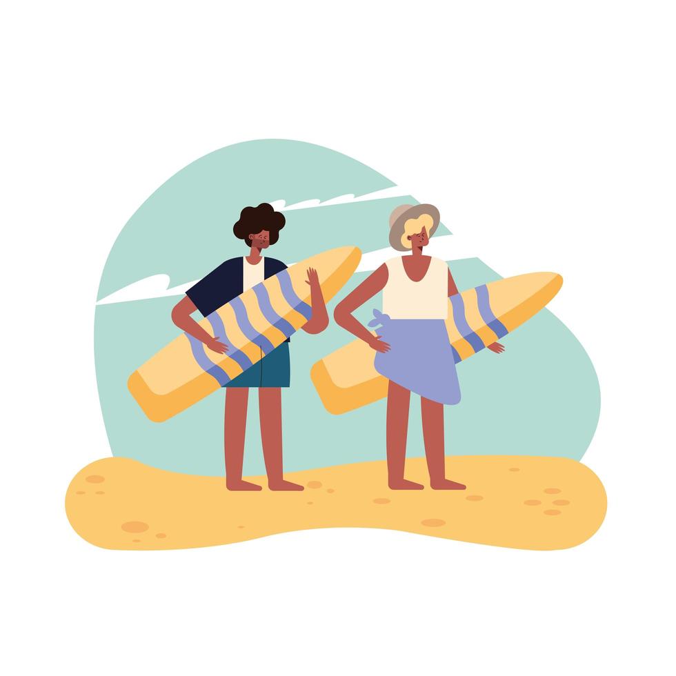 mulher e homem com prancha de surf de verão vetor