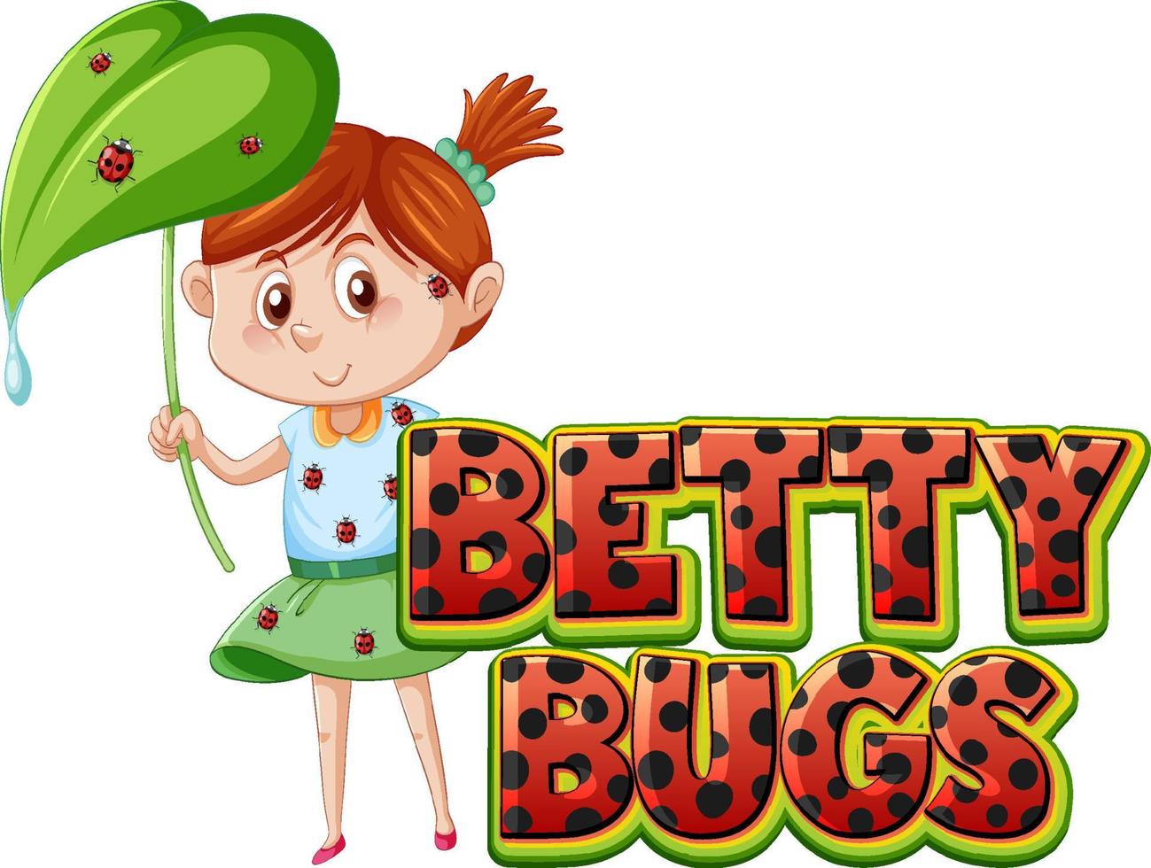 Projeto do texto do logotipo do betty bugs com joaninhas empoleiradas no corpo da menina vetor