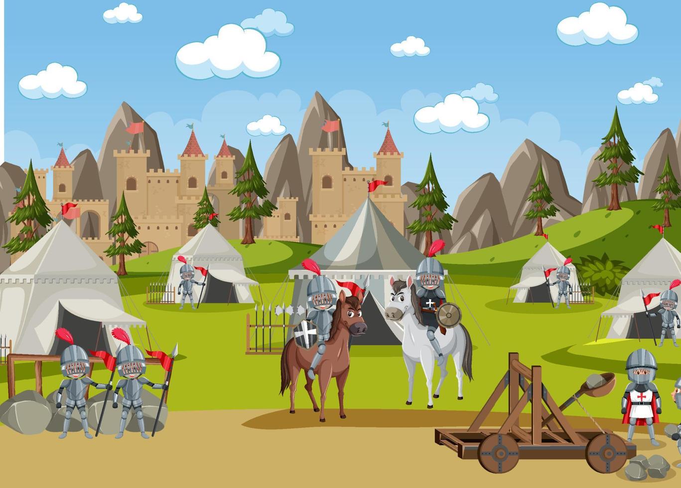 acampamento militar medieval com tendas e armas vetor