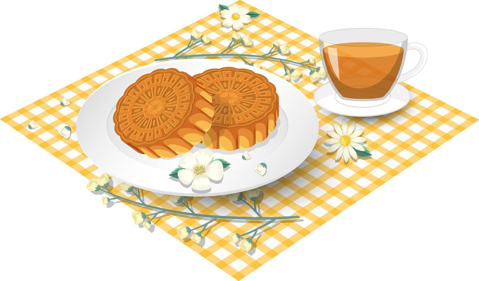 mooncakes com xícara de chá fixados na toalha de mesa vetor