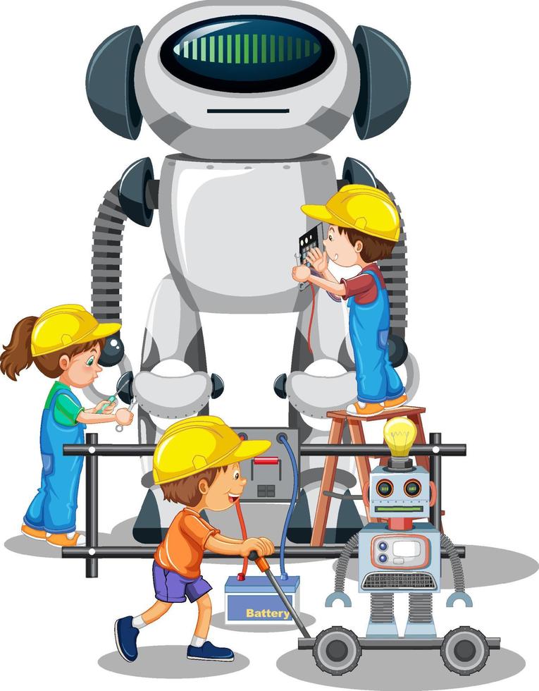 crianças construindo robôs juntos em fundo branco vetor