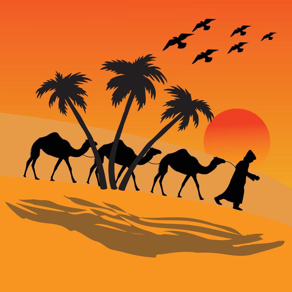 camelo caravana passagem através deserto e Palma árvores com lindo pôr do sol fundo vetor