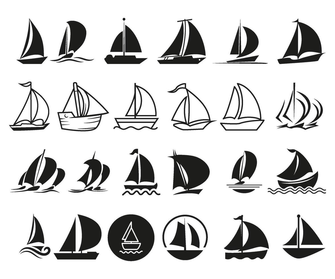conjunto do barcos configuração vela dentro a mar barco a vela silhuetas vetor ilustração