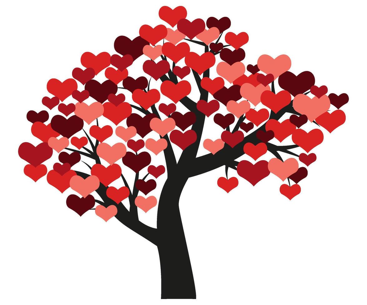 silhueta do árvore florescendo corações, crescimento do amor naturalmente, vetor ilustração