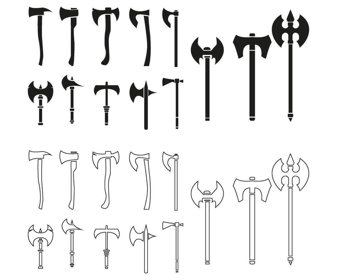 Machado silhueta ícone vetor definir, medieval armas dentro diferente estilos ilustração