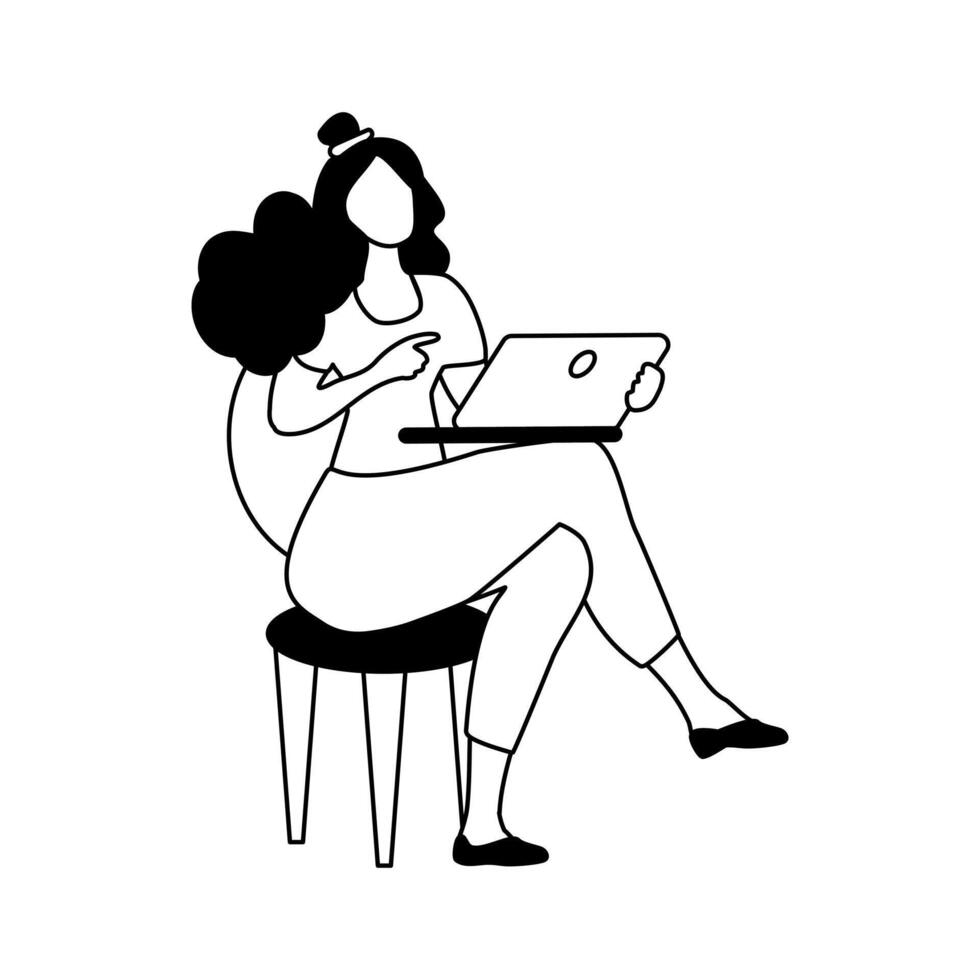 conectados aprendizado. silhueta do uma garota. uma mulher senta em uma cadeira e trabalho às uma computador portátil. linear vetor. ilustração. vetor