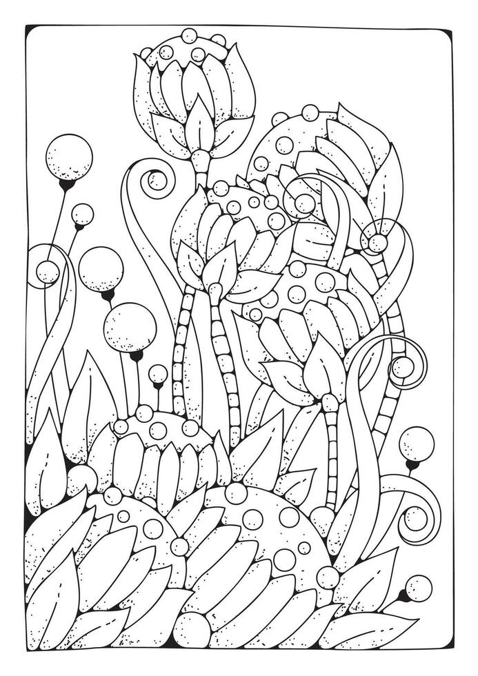 coloração página com ampla flor e botões. vetor Preto e branco fundo para coloração. arte terapia. arte linha.
