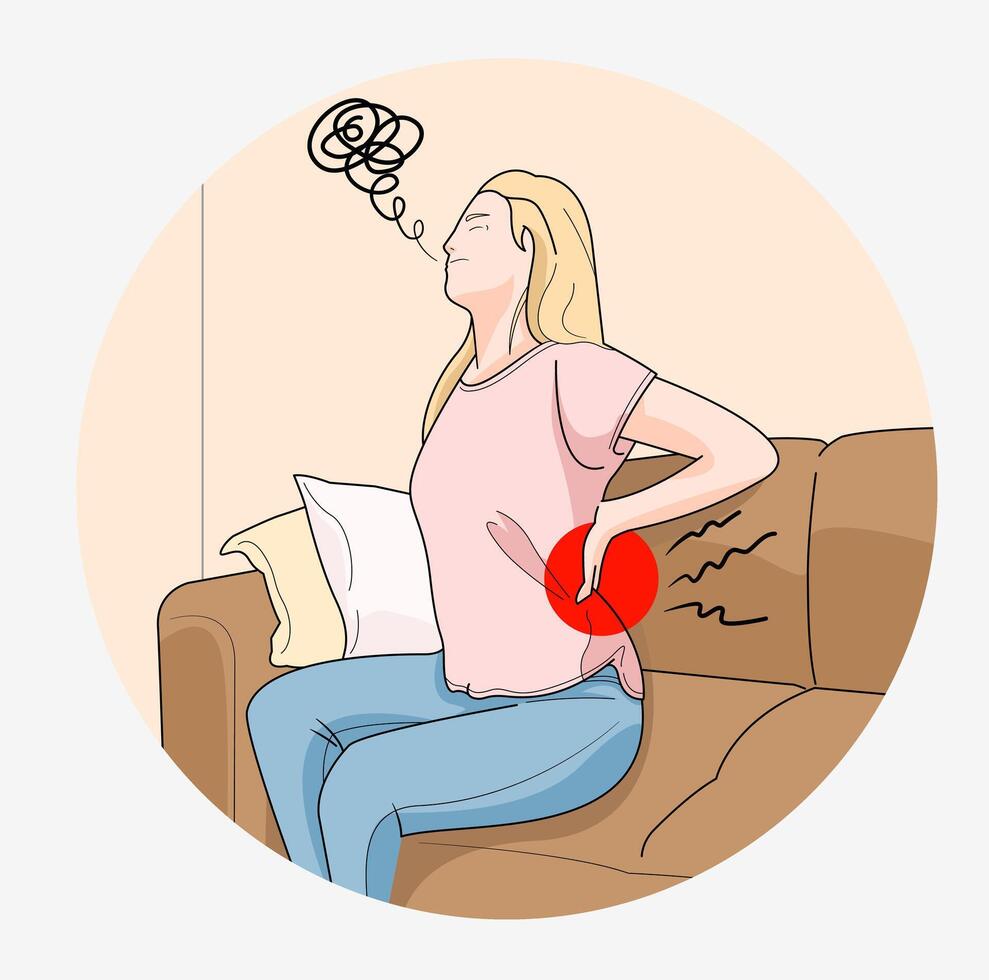 vetor ilustração do uma mulher sofrimento a partir de costas dor. sentado dentro sofá experiência doeu costas sofrimento dentro agonia