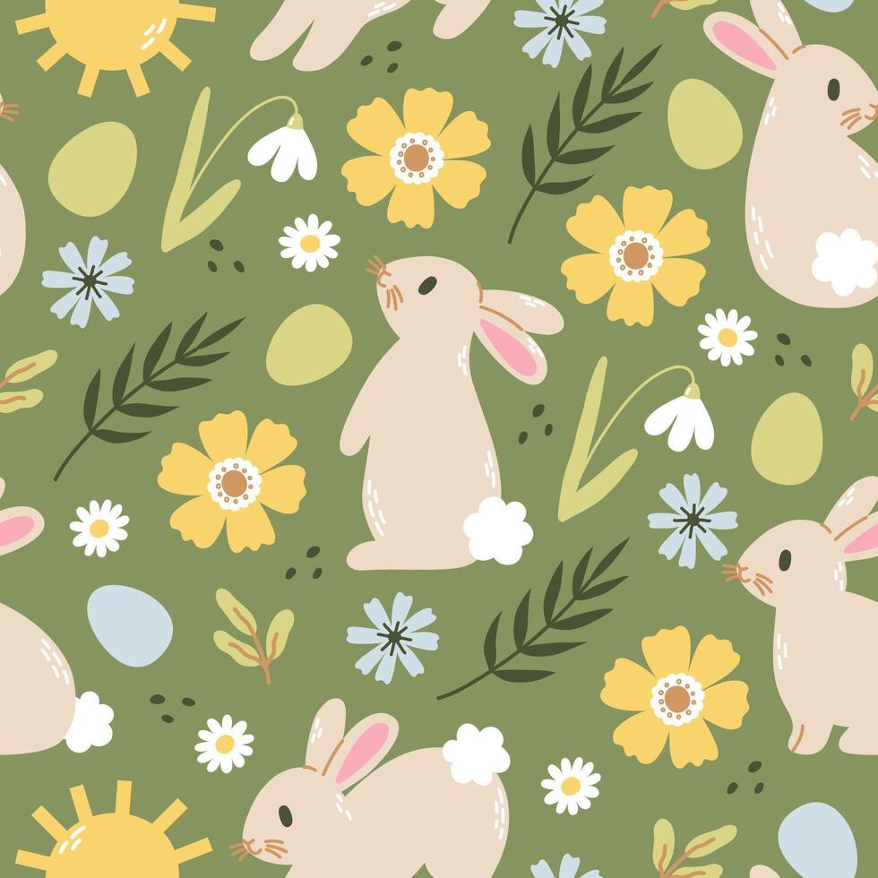 desatado padronizar com coelho, flores, ovos. vetor plano ilustração para papeis de parede, invólucro, têxteis.