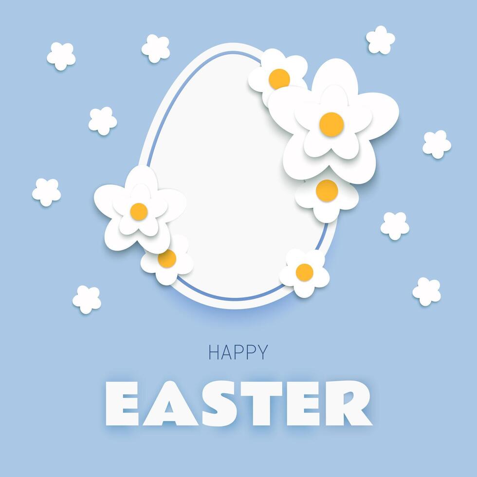 feliz Páscoa cumprimento cartão modelo com papel cortar branco ovo e flores dentro azul fundo vetor