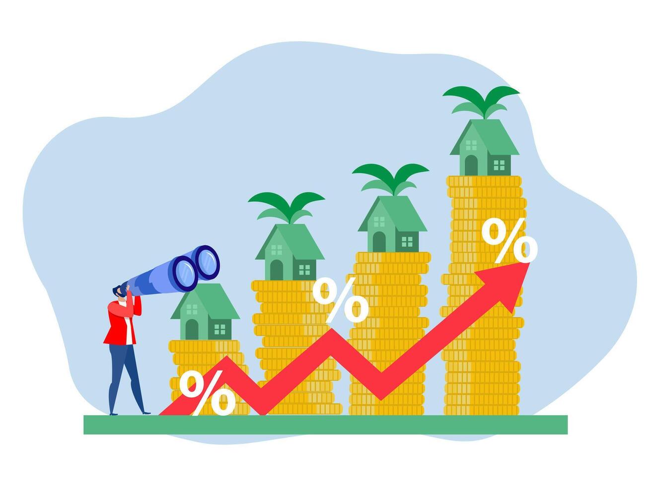 homem de negocios usar telescópio perspectiva para oportunidade ou Novo desafio para analista e investir dentro real Estado ou habitação preço Aumentar acima conceito vetor