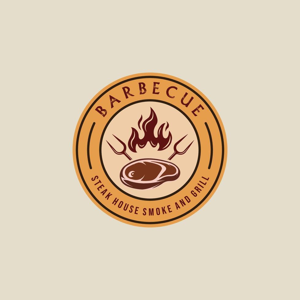 churrasco bife logotipo emblema vetor ilustração modelo ícone gráfico Projeto. churrasco grade com chama e carne garfo placa ou símbolo para Comida restaurante bife casa com círculo crachá retro tipografia estilo