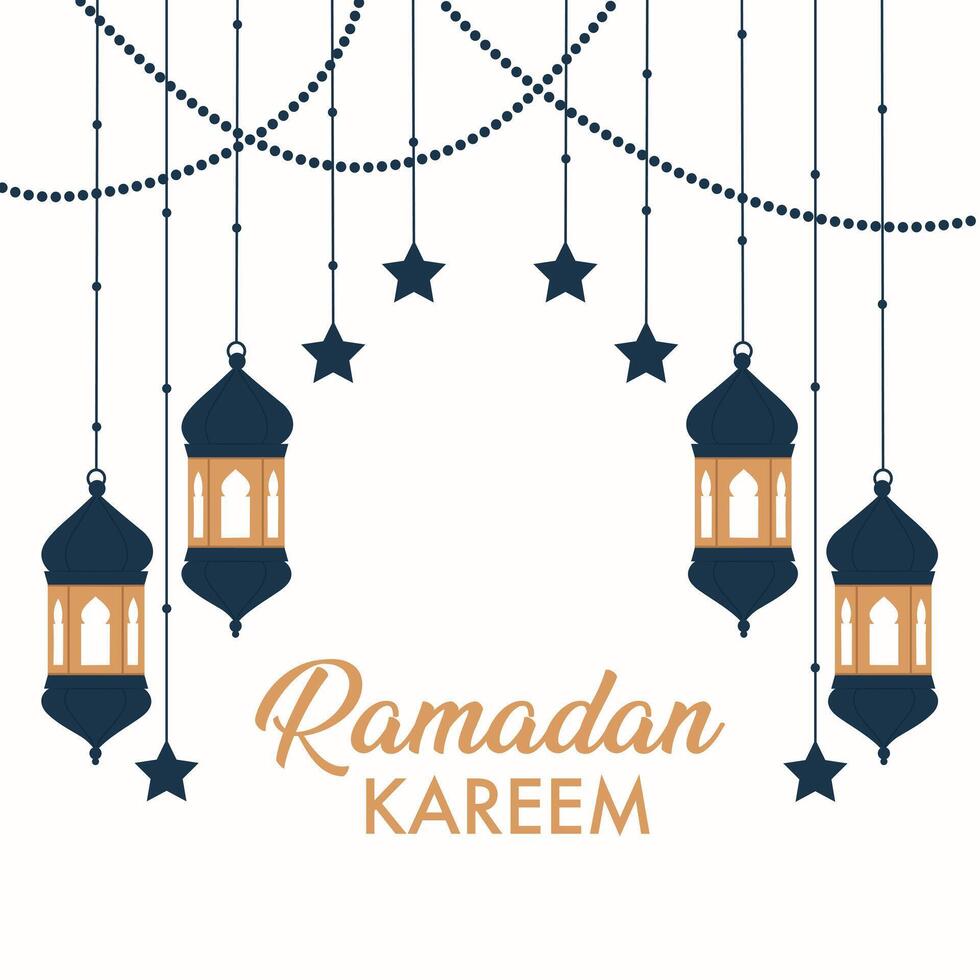 islâmico feriado mês do Ramadã kareem bandeira com suspensão azul lanternas. vetor