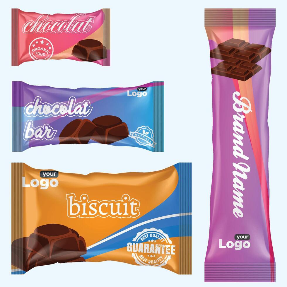 fluxo pacote e chocolate bar. branco lanche pacote modelo para biscoitos, bolacha, bolacha. em branco chocolate Barra brincar de frustrar fluxo pacote em transparente voltar. vetor