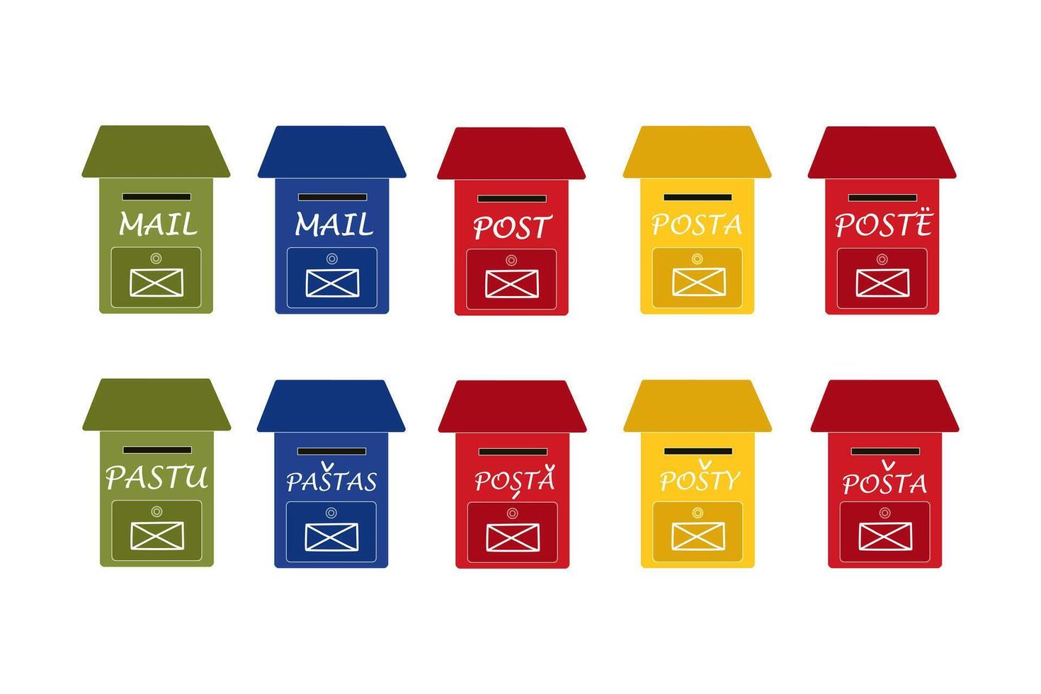uma conjunto do vermelho, amarelo, azul e verde caixas de correio com uma compartimento para jornais e cartas. colori caixas de correio com a envelope placa e a inscrição enviar dentro de várias línguas. vetor ilustração