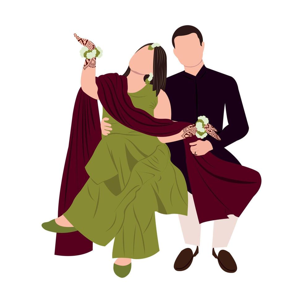 vetor fofa indiano casal desenho animado dentro tradicional vestir posando para Casamento convite cartão Projeto