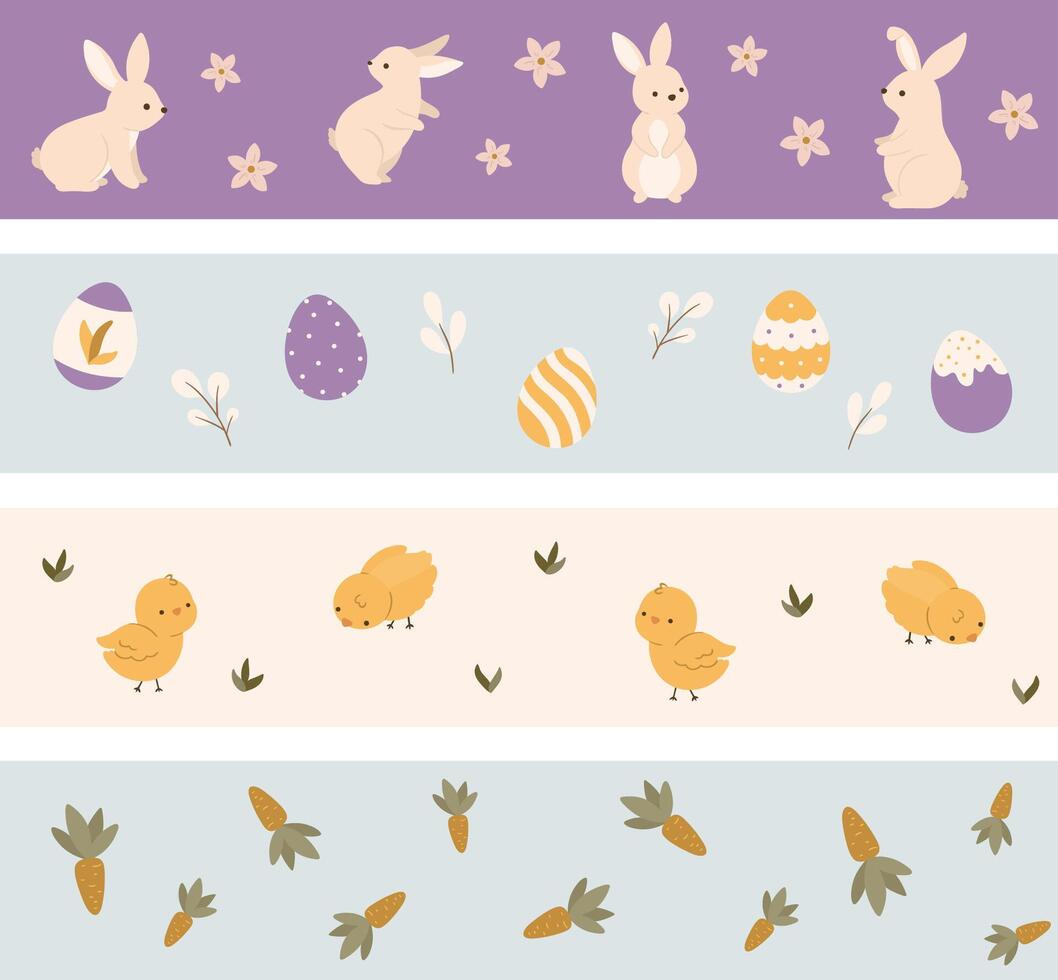 Páscoa conjunto do faixas com coelhos, ovos, frango e cenouras vetor