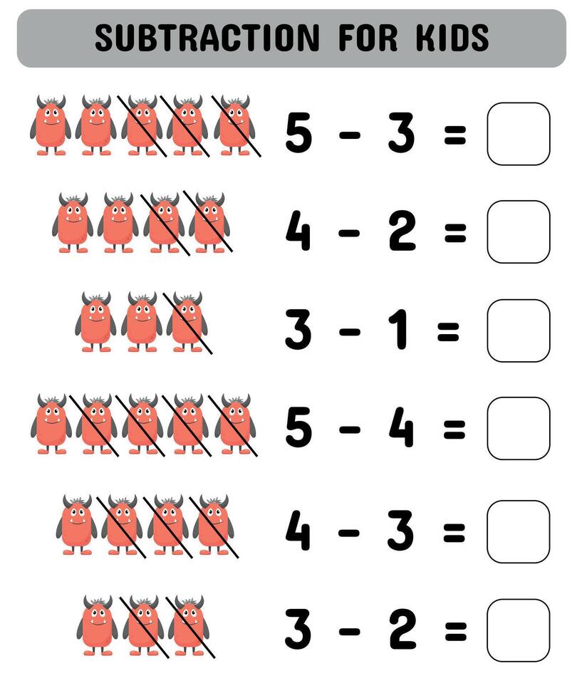 subtração com fofa monstros. matemático exemplos. imprimível Folha para pré-escolares. vetor ilustração